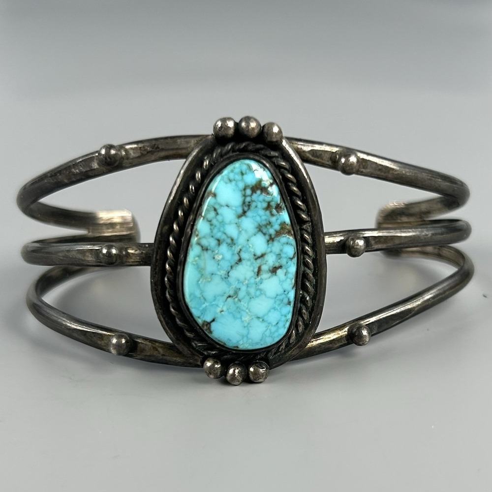 Navajo Diné Sterling Silver 28g Natural Turquoise 3-Rail Cuff Bracelet 1940s-50s